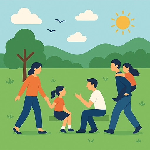 3 enfants et 2 bénévoles jouant dans la nature.