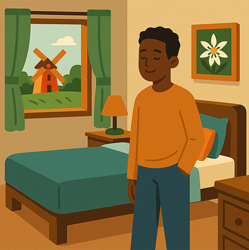 Enfant dans une chambre avec un vieux moulin en fond