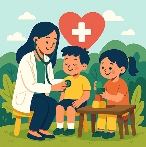 Enfants se faisant ausculter et un autre jouant.